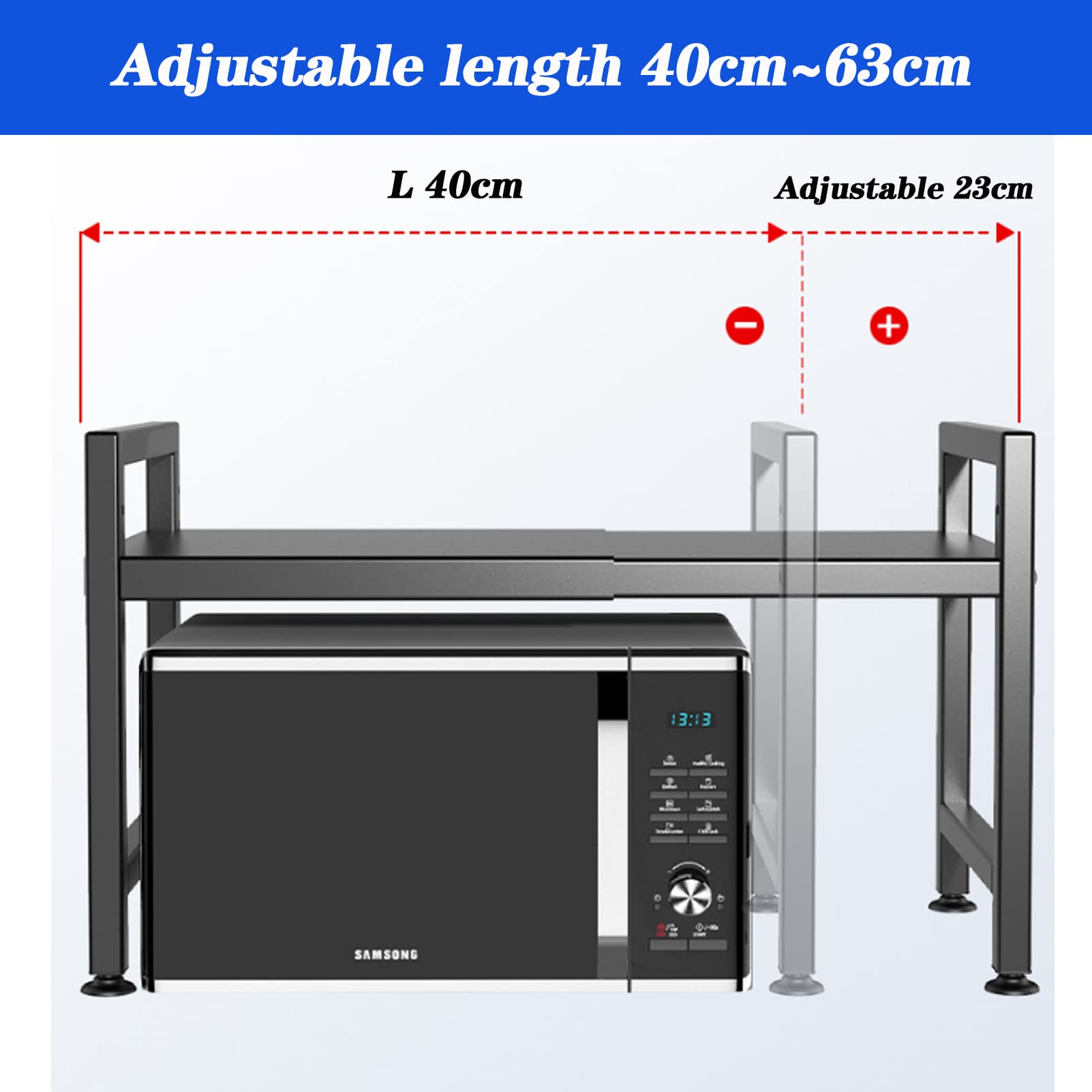 Soporte ajustable para microondas con estante de metal extensible y 6 ganchos para almacenamiento de cocina, encimera, ollas y sartenes, solución que ahorra espacio