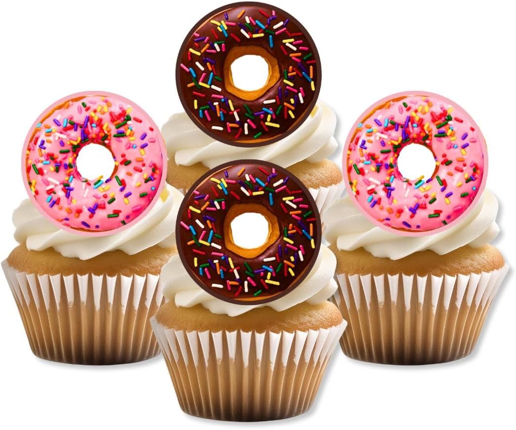 24 Donut Cupcake Toppers (PRECUT Optional), Edible Doughnut Cake Topper, Doughnuts Birthday Decorations, Donuts Cake-Topper, Cute Sprinkles - 1.5 Inch/4cm Discs (PRECUT)