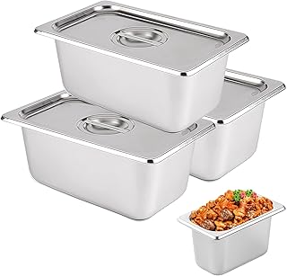 Lot de 3 bols à panure avec couvercle en acier inoxydable, récipient GN 1/9 avec couvercle 17,6 x 10,8 x 10 cm, récipient gastronomique pour escalopes, escalopes de poisson, côtelettes de