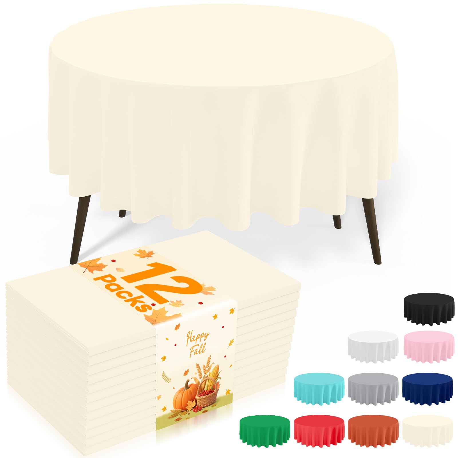 misaya 12 Packs Disposable Plastic Table Cloth, 84" Round Waterproof Tablecloth, Leakproof &amp; Sturdy Decorative Table Covers for Picnic, Party and Outdoor, Beige
