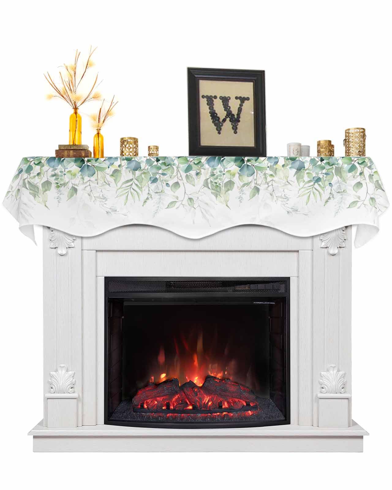 Victoroes Spring Mantle Scarf 60 x 17 Inch, Summer Plants Green Eucalyptus Leaves White Fireplace Mantel Scarf Mantel Cover Runner for Home Living