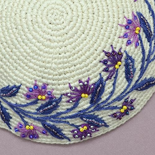 Cream & Lavender Purple Flowers Crochet & Embroidered Womans Kippah - Ladies Yarmulke3