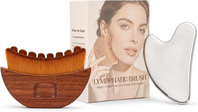 Conjunto BILIXUN com escova facial de cabo de madeira e ferramenta Gua Sha de aço inoxidável