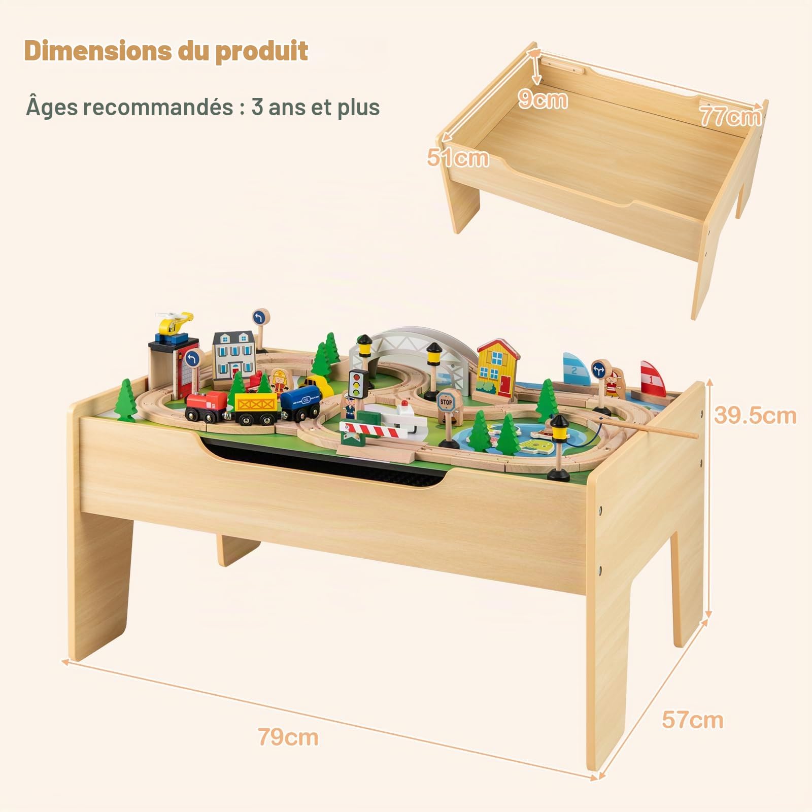 DREAMADE Table Circuit de Train en Bois, 78 Pièces avec Rails, Plateau Réversible & Amovible, Jouet Interactif Parent-Enfant, 3+ Ans