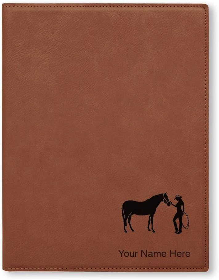 Small 7" X 9" Portfolio Notepad, Horse and Cowgirl, Personalized Engraving Included (Black with Silver)