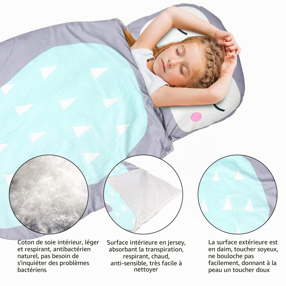 Sac de couchage 3 en 1 pour les tout-petits - Couverture et oreiller avec motif de caricature - Pour la maternelle, la maison, les voyages - Motif pingouin gris