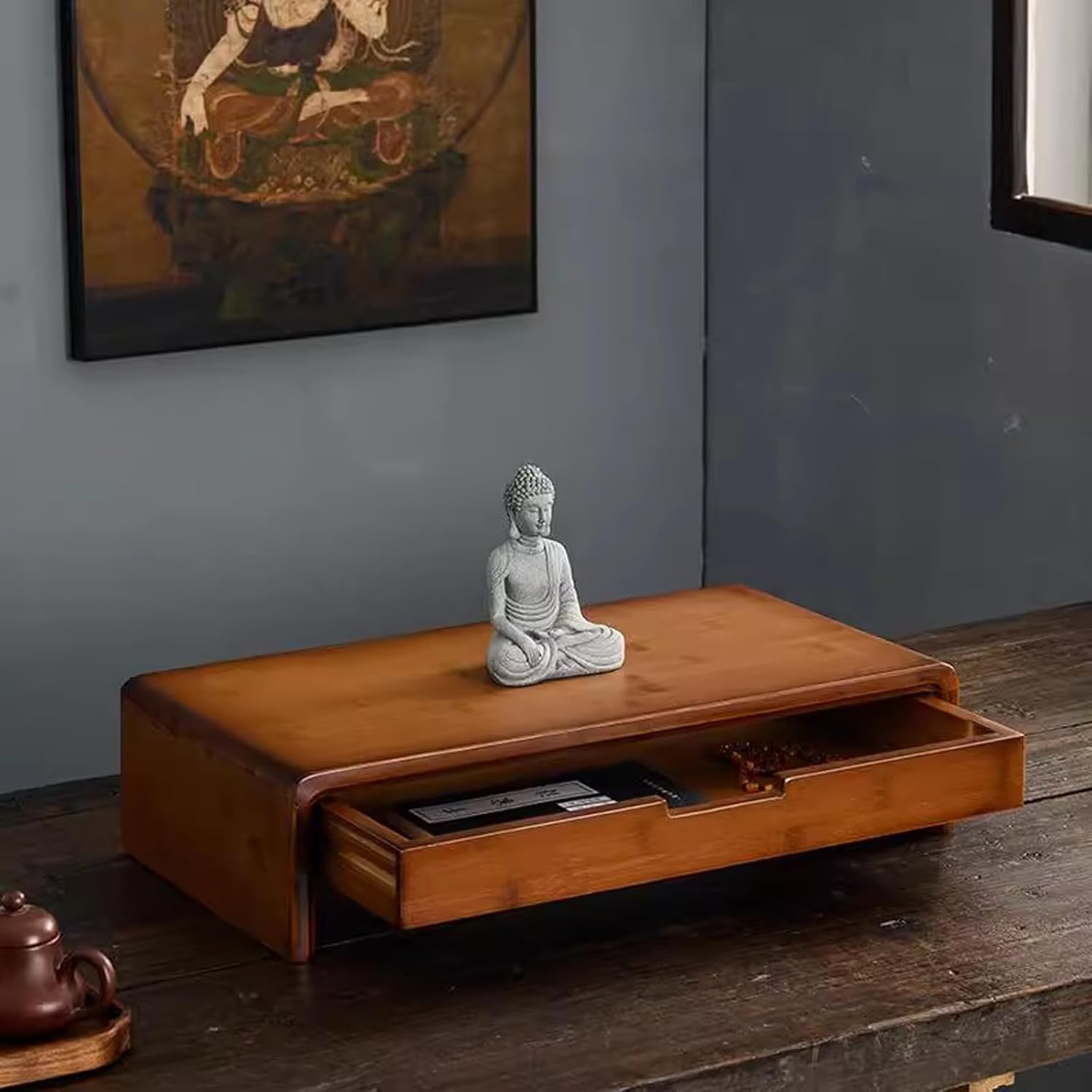 Buddhist Altar, Bamboo Stand Puja Table with Drawer, Small Meditation Tables, Suitable for Buddha Statues, Rituals(40cm/16'')