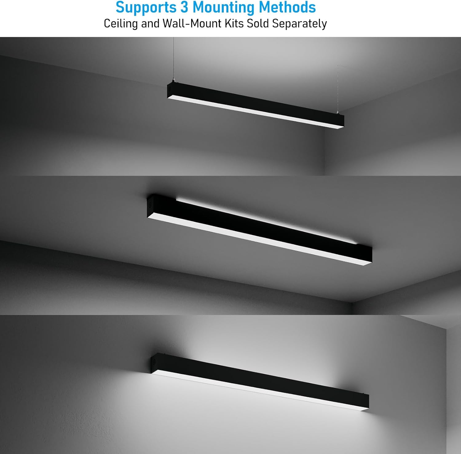 LEONLITE 4FT Linkable LED Linear Light, 40W Down and 15W Up Light, 4600LM 3/4/5000K CCT Selectable, Dimmable Up Down Commercial Linear Lighting for Office, ETL, Aluminum, Matte Black, Pack of 4