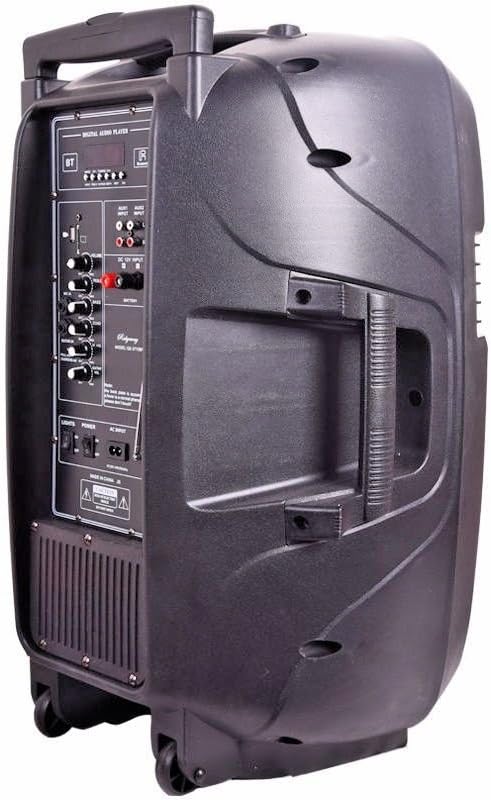 Apa view of the Ridgeway QS-3715BR speaker showing the extendable handle and wheels