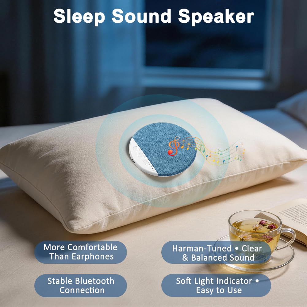 Głośnik pod poduszką do spania, ultra cienki głośnik pod poduszką Bluetooth 5.4, przewodzenie kostne z białym szumem i timerem dla osób śpiących na boku i do głębokiego snu (niebieski)