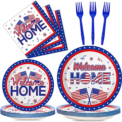 Image of 100Pcs Military Welcome Home Decorations Patriotic Army Soldier Homecoming Plates Napkins Proud of You Deployment Returning Party Decor Supplies Red White Blue Welcome Home Tableware Serve 25 Guests