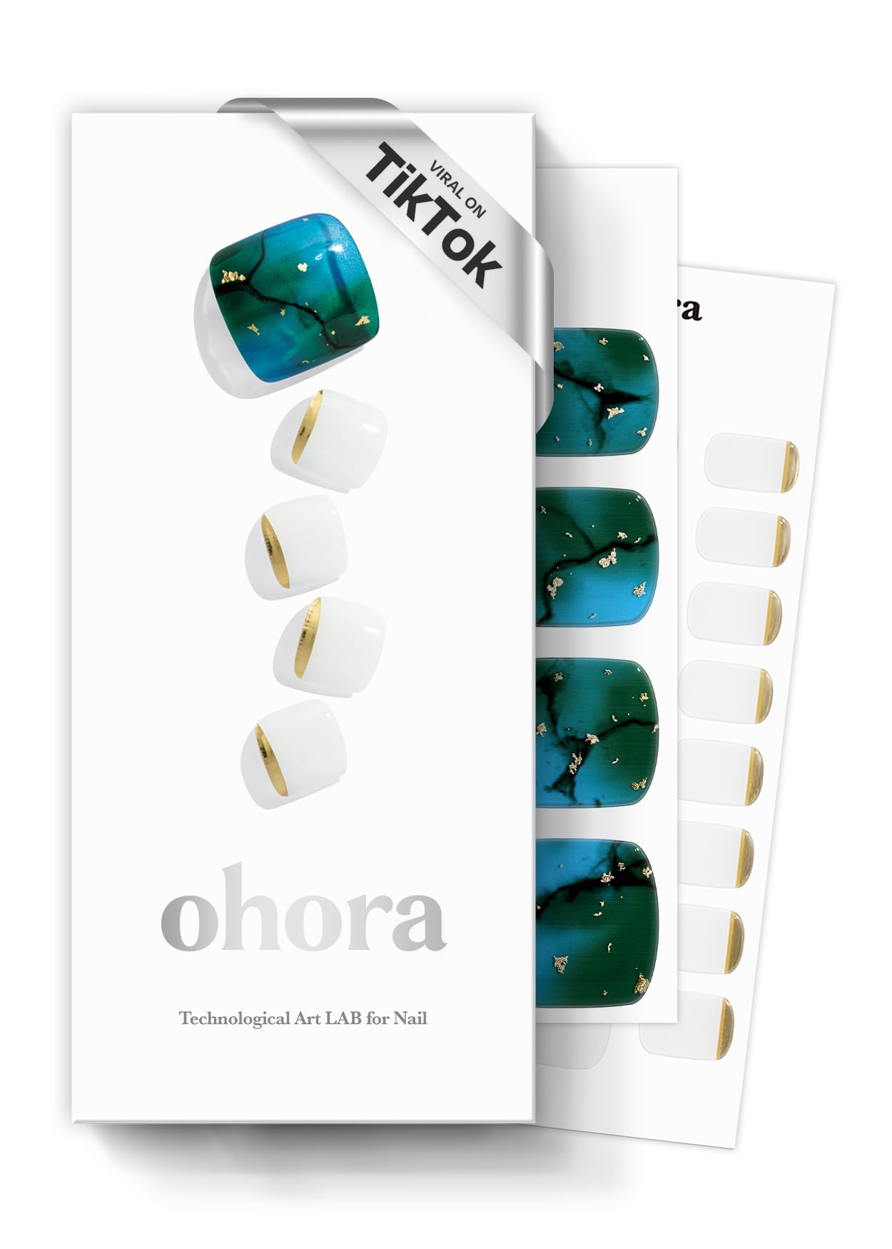 ohoraSemi Cured Gel Pedi Strips (P Tide Pool) - Blue/White Works with Any UV/LED Lamps, Salon-Quality, Long Lasting, Easy to Apply & Remove - Includes 2 Prep Pads, Nail File & Wooden Stick