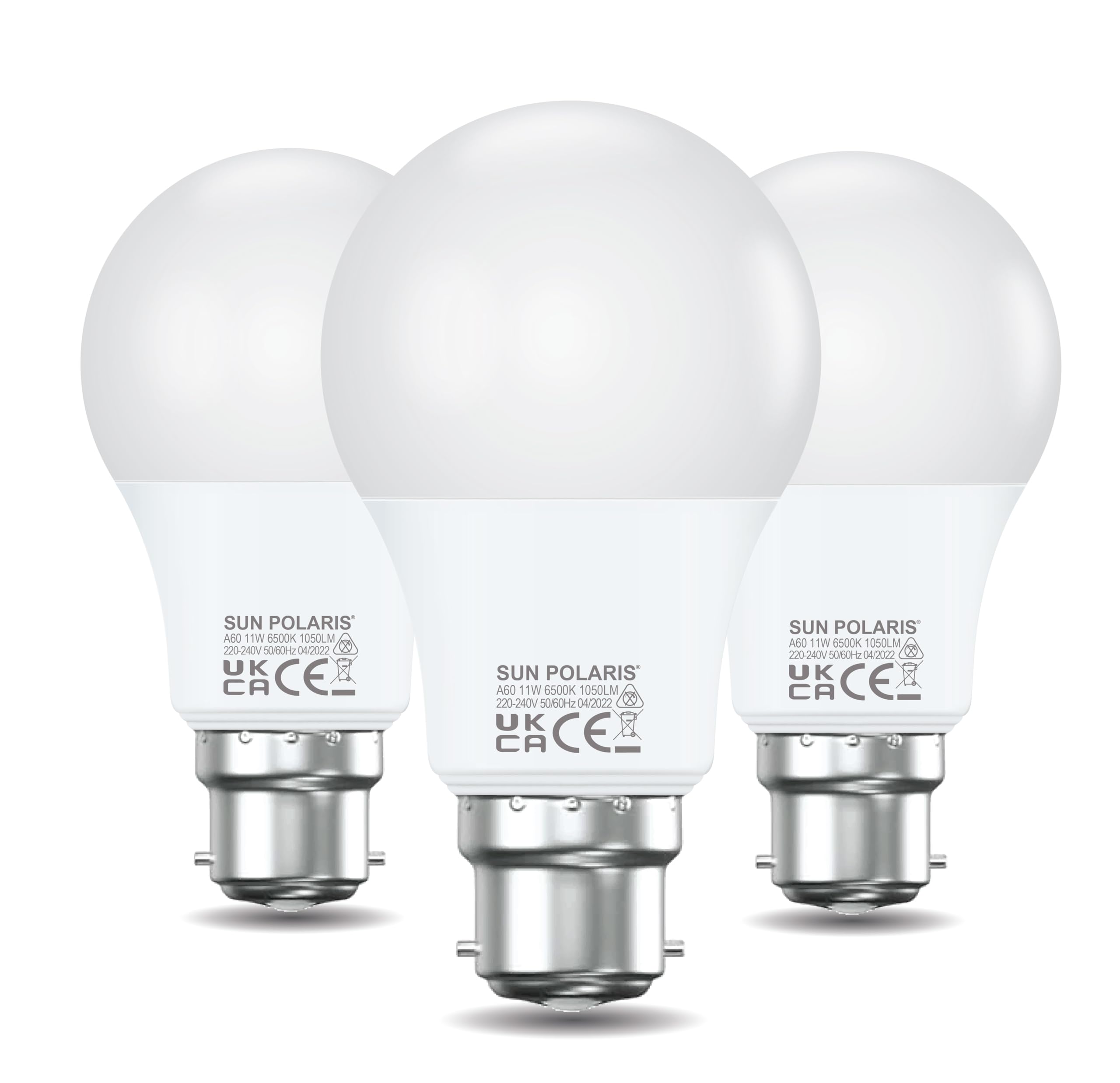 SUN POLARISBayonet Led Light Bulb – Daylight 6500k 75w Equivalent 11 watt Lightbulbs, 1050 Lumen Non-Dimmable Energy Saving BC B22 Fitting Lightbulb, Extra Natural White Standard GLS Bulbs Pack of 3