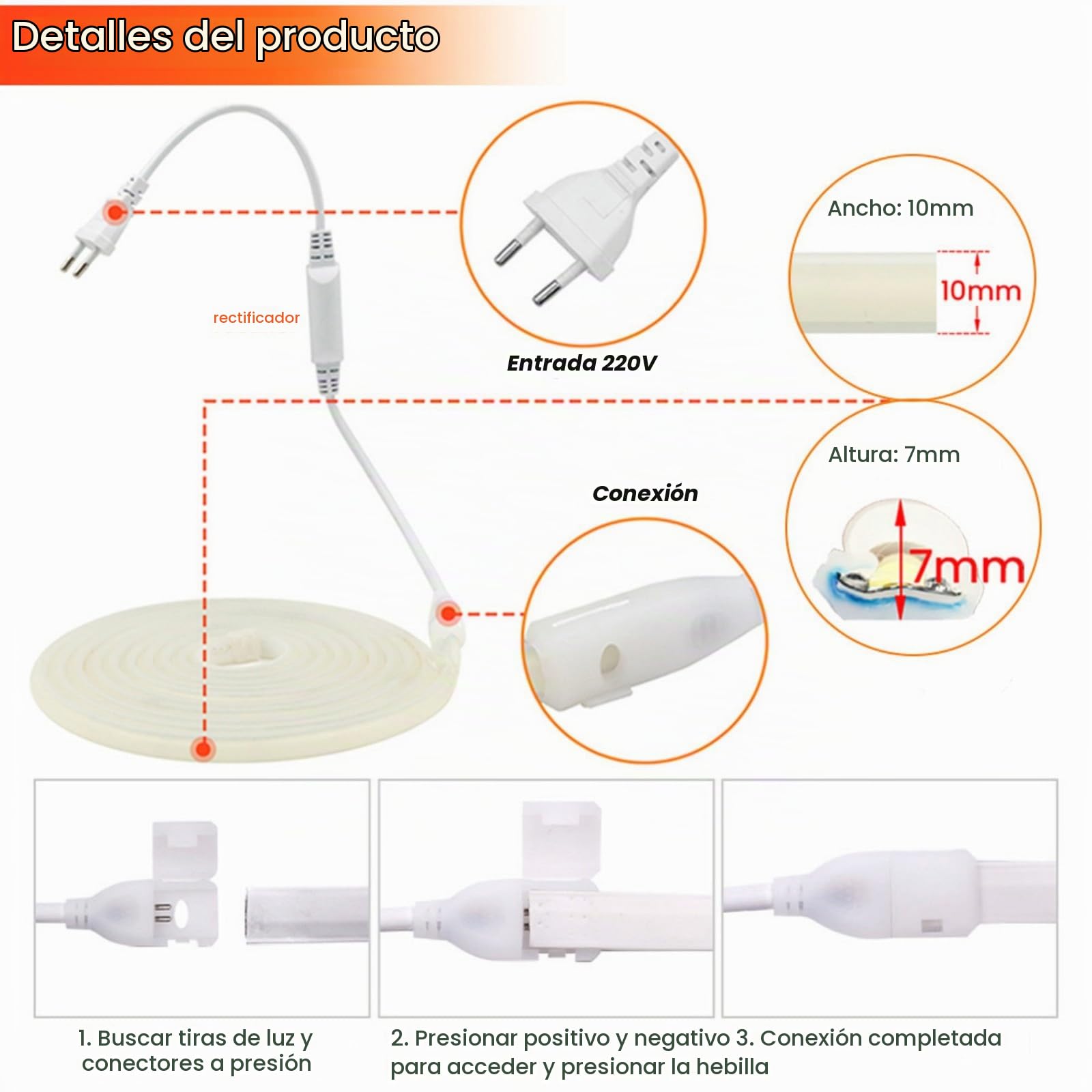 XUNATA 20m LED Neon Flexible 220V, Alto brillo 288 LED/m Tira de LED COB con Cable de Alimentación, Cada Corte de 50 cm, IP65 Impermeable, Luz de Cuerda - Blanco Frio