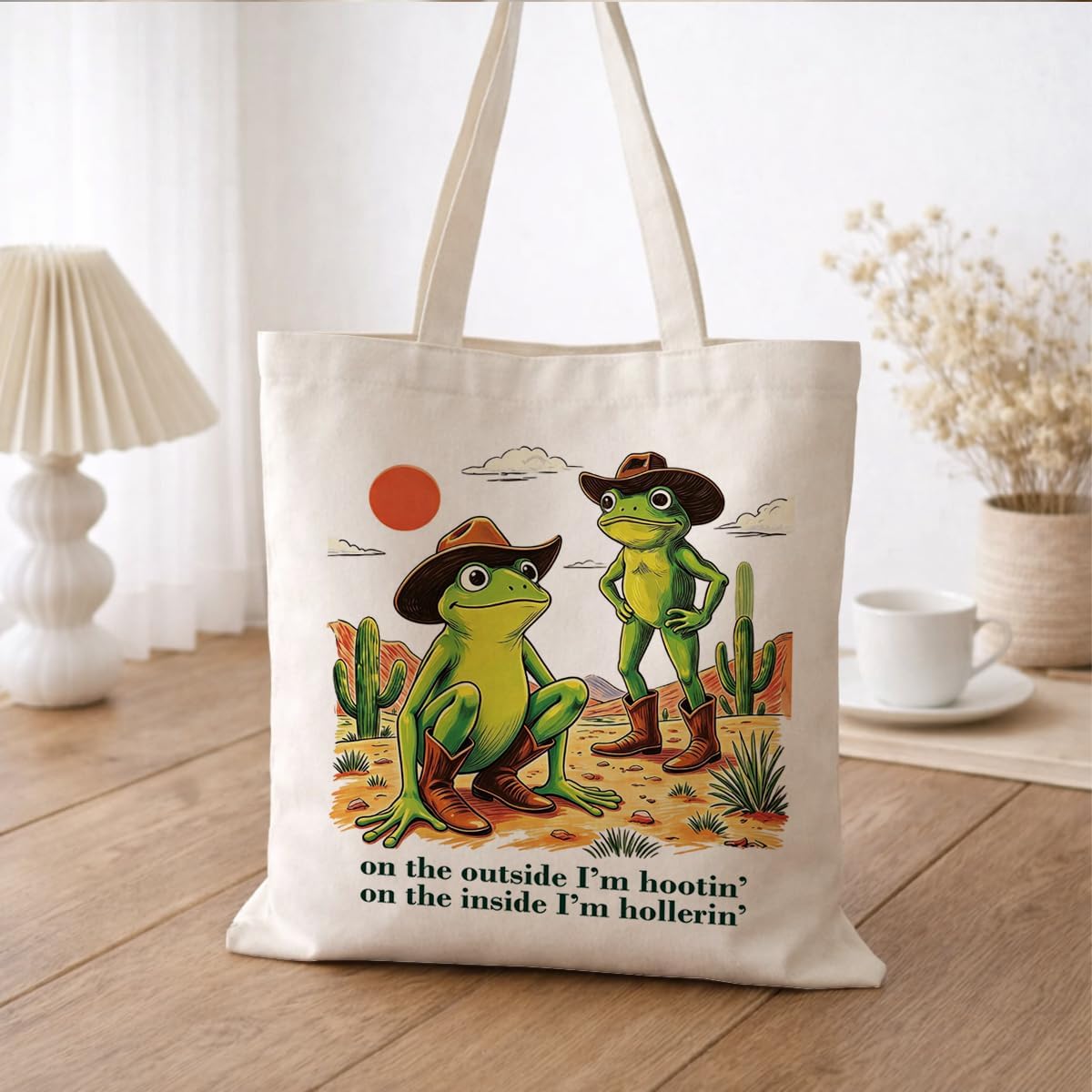 Funny Cowboy Frog Canvas Tote Bag, On The Outside I'm Hootin On The Inside I'm Hollerin, Reusable Western Shoulder Bag, Carryall for Daily Shopping Library Travel Commute Beach