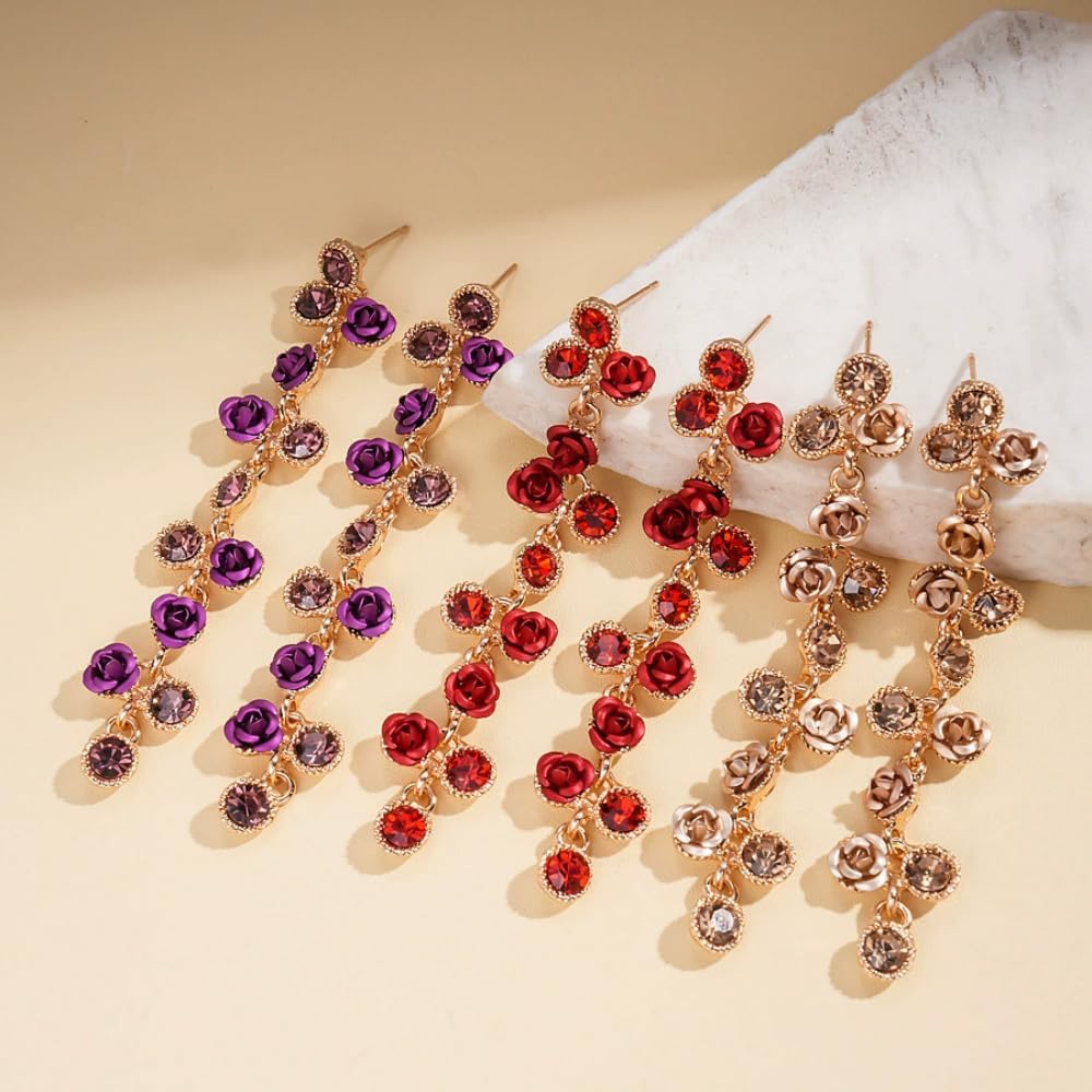 Long Rose Dangle Earrings Colorful Rose Flower Crystal Drop Earrings for Women Elegant Floral Statement Jewelry for Party Wedding Vacation - Image 3