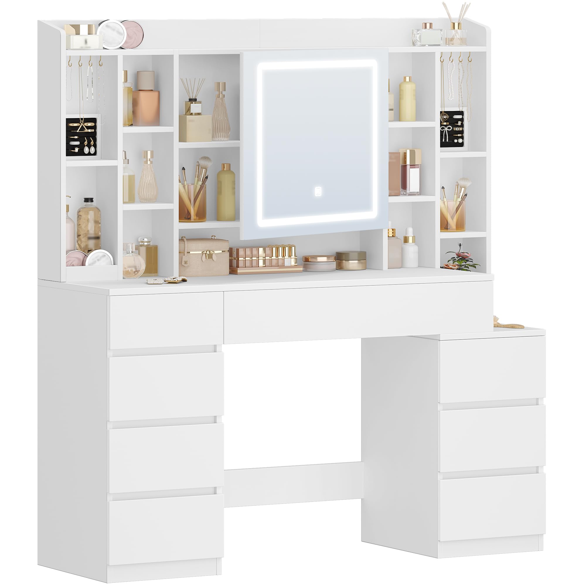 HEXCELEN 120 cm Tocador con Espejo y Luces LED, Mesa de Maquillaje con 8 Cajones y 11 Compartimentos, Brillo Ajustable, Tocador de Maquillaje con Joyero Integrado, 40 × 120 × 141 cm, Blanco