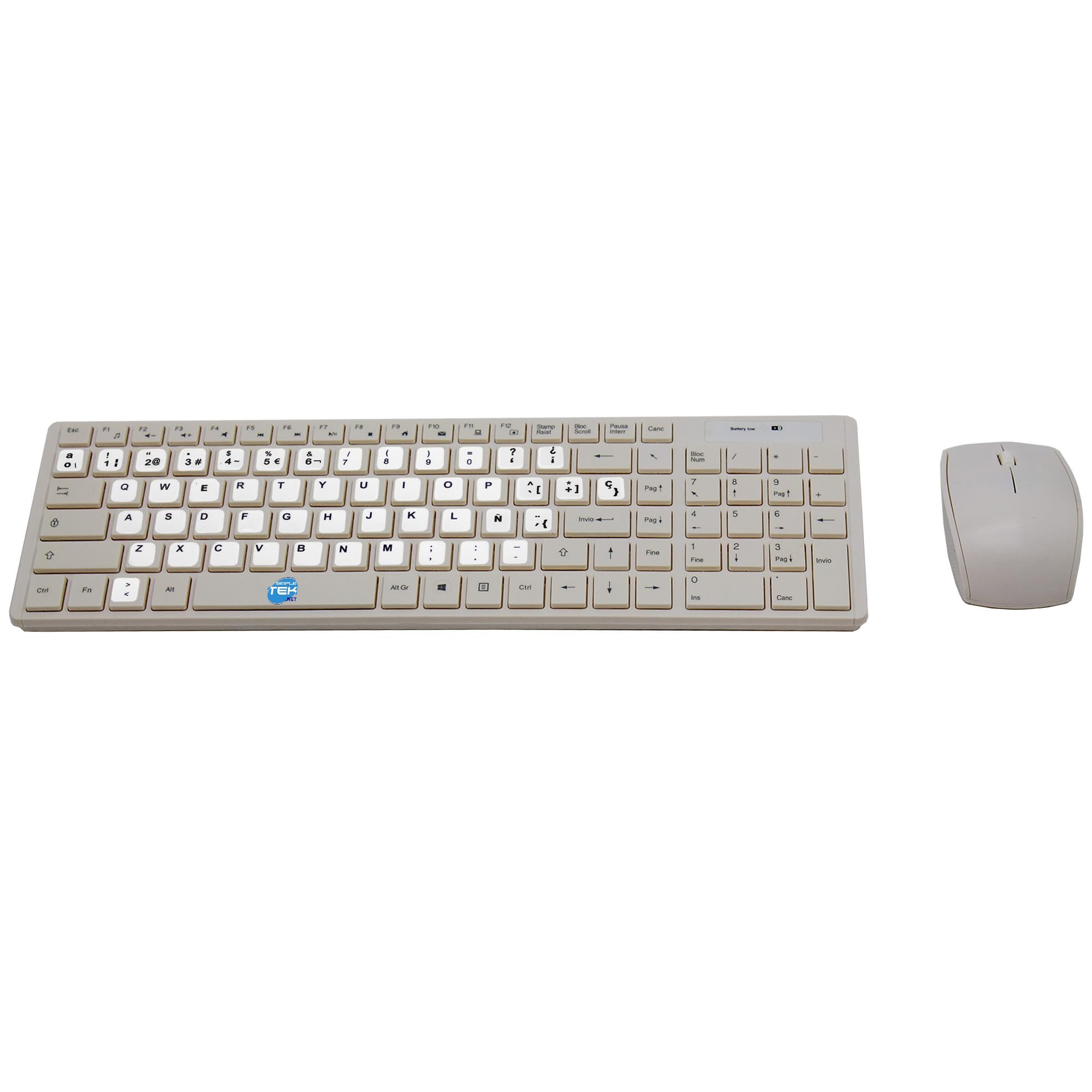 SIMPLETEK - Kit teclado y ratón inalámbricos con pegatinas disposición Español QWERTY ya aplicadas, color blanco, compatibilidad universal