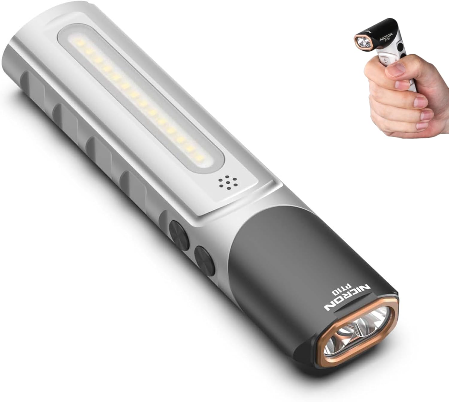 NICRON PT10 Rechargeable Flashlight, 1000 Lumens EDC Flat Flashlight with 90° Rotatable Head and Strong Magnet, 4 Modes White/UV/Warm/RGB, IPX4 Waterproof, Hands Free Flashlight for Camping, Emergency