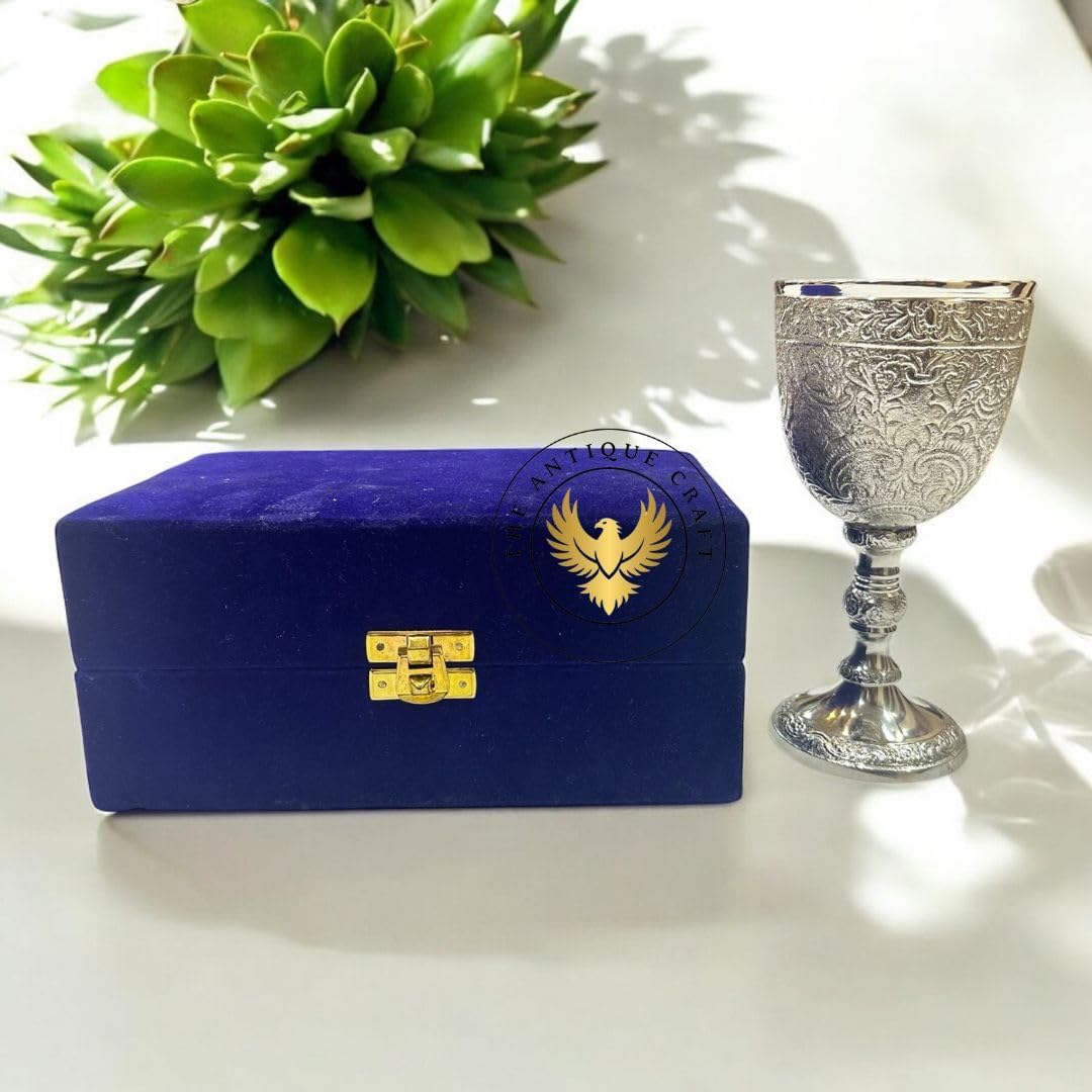 Solid Brass Vintage Chalic Goblet Medieval Handmade Decorative Wine Glass with Royal Embossed Design 7 Oz With Velvet Box (Silver)