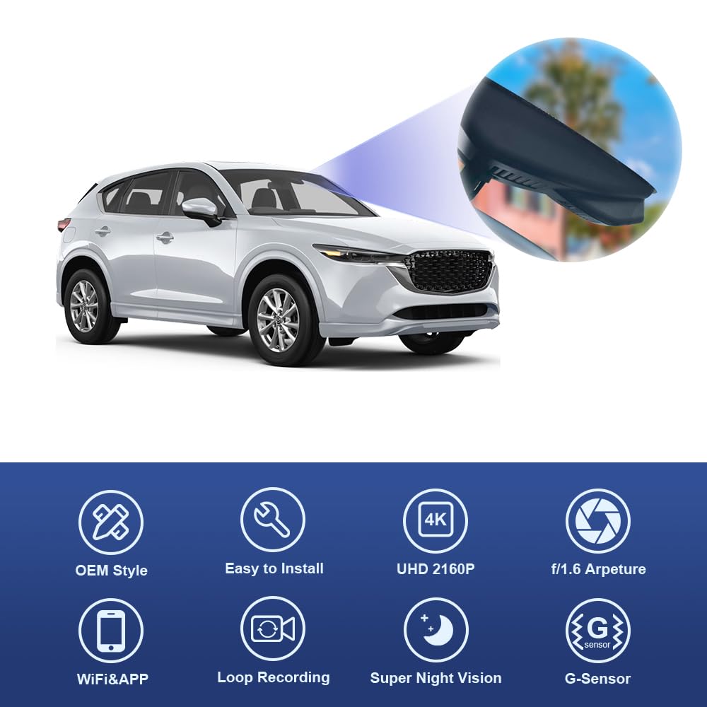 Fitcamx 4K Dash CAM Adecuada para Mazda CX-5 CX5 2017-2025 Sport Grand Touring 2.5 S Select Premium Plus (OBD), OEM Cámara de Coche 2160P Video WiFi, Modo Aparcamiento, G-Sensor, WDR, Tarjeta de 64GB