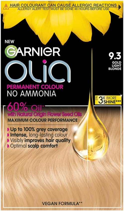 Garnier Olia 9.3 Gold Light Blonde, oil-powered, no-ammonia. 100% grey coverage. Luminous, long-lasting, vibrant gold light blonde color with exceptional shine.