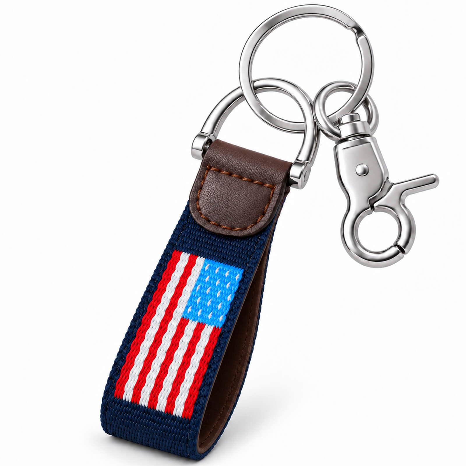 BrenixCraft American Flag Needlepoint KeyChain with Leather and Clip | American Flag Desi…