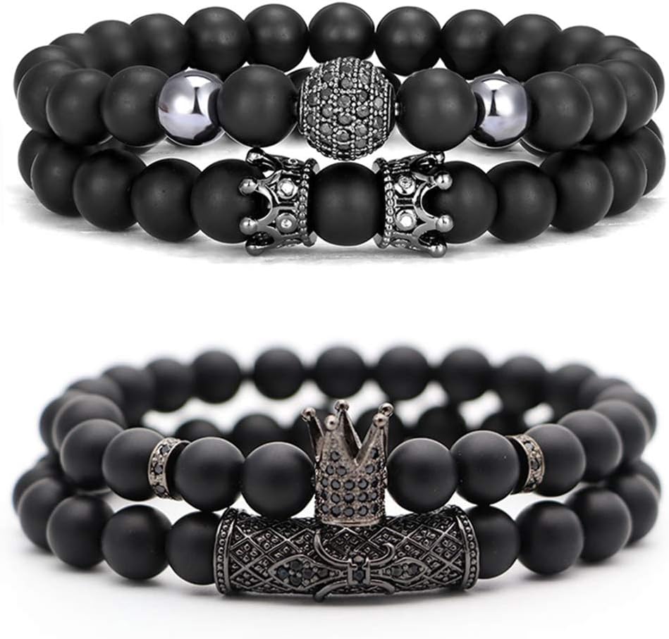 CASDAN4 PCS Bracelets for Men Women Friendship Lava Stone Crown Bead Bracelets 8MM Natural Essential Oil Diffuser Beads Bangles Gifts