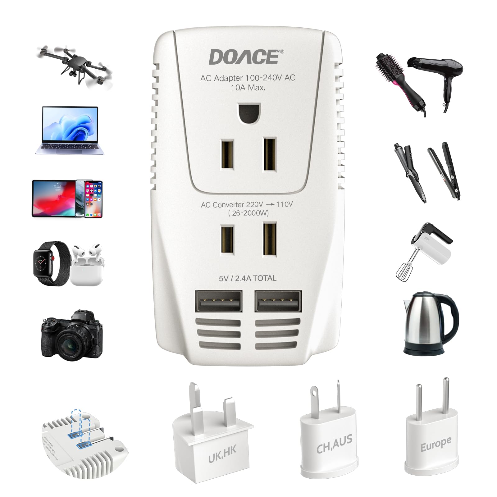 Upgraded 2000W 220V to 110V Converter for European Travel, Voltage Converter US to Europe for Hair Dryer Straightener Curling Iron, 2300W Adapter with EU/UK/AU/US Plugs for Laptop Camera Cell Phone