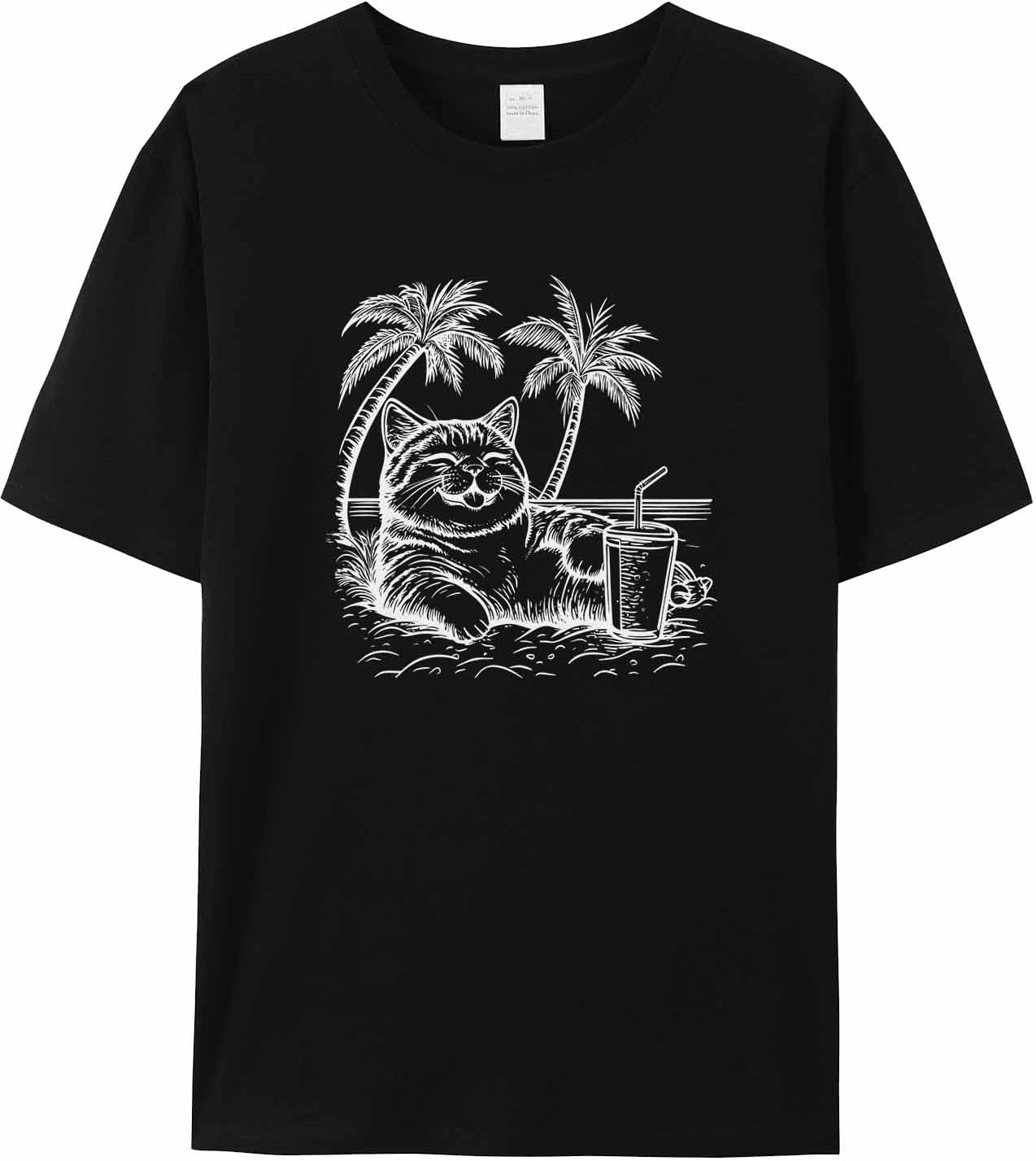 Mens Graphic T-Shirts, Cat Beach Short Sleeve Crew Neck Comfortable Soft Casual Classic Tee, XS - 5XL Palm Tree Tshirts Top - Image 6