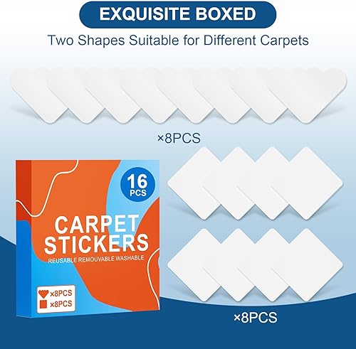 Miniatura 5 de Cinta adhesiva para alfombra, 16 unidades, agarre de doble cara, antideslizante, para alfombras, reutilizable y lavable, cinta de alfombra con