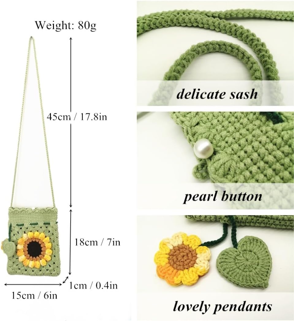 Handmade Crochet Sunflower Blossom Phone Bag Knitted Bag for Women, A-mint green - Image 4