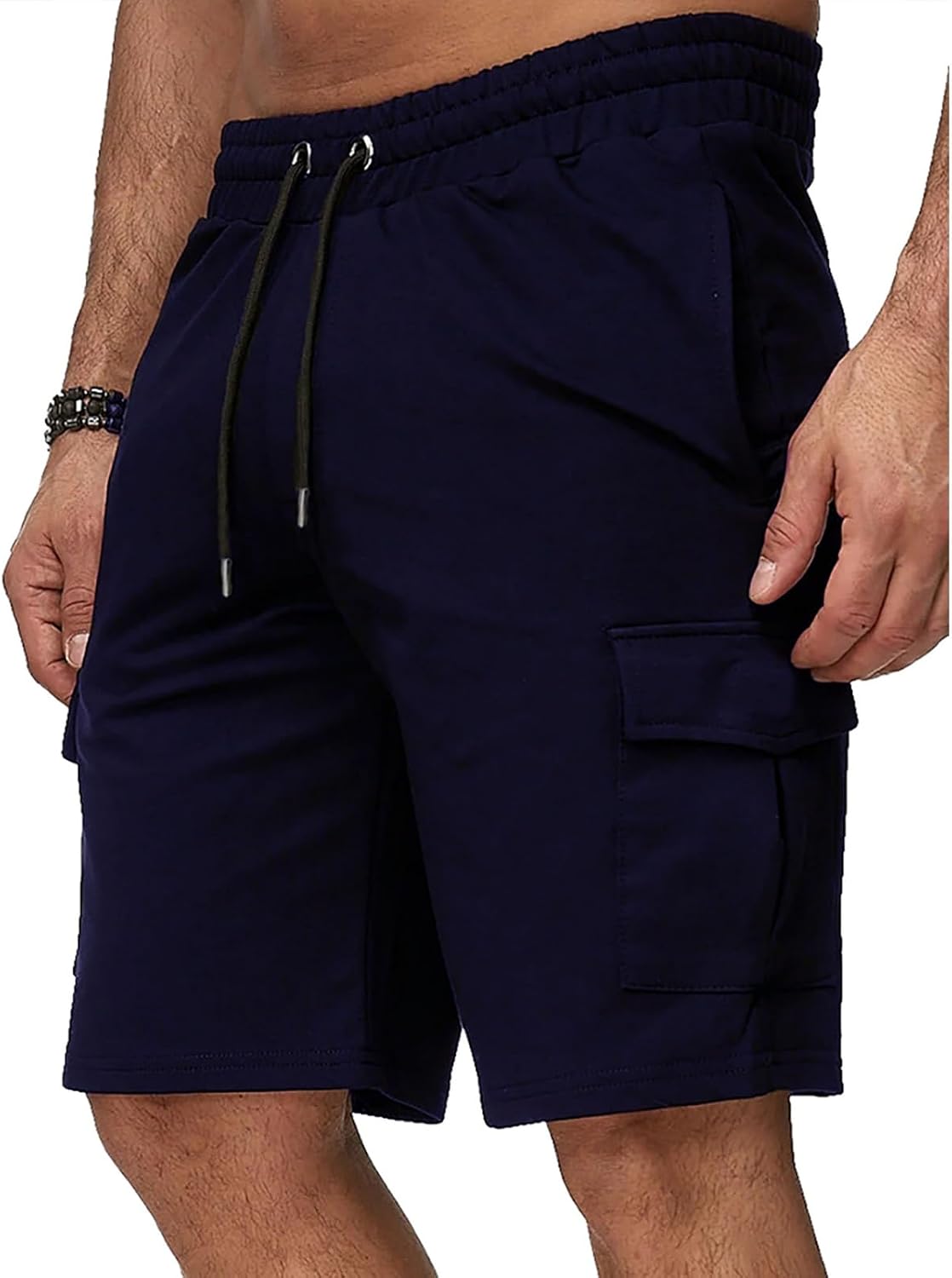 Men's Soft Fabric Cargo Shorts Summer Elastic Waist Drawstring Shorts with Side Cargo Pockets for Casual Wear