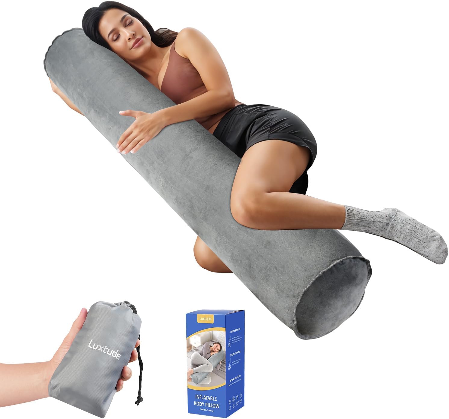 Luxtude Inflatable Body Pillow for Adults Kids, Travel Body Pillows for Side Sleeper, 47Inch Long Round Bolster Pillow for Camping, Round Cylinder Pillows for Hugging Sleeping, Back, Leg etc.