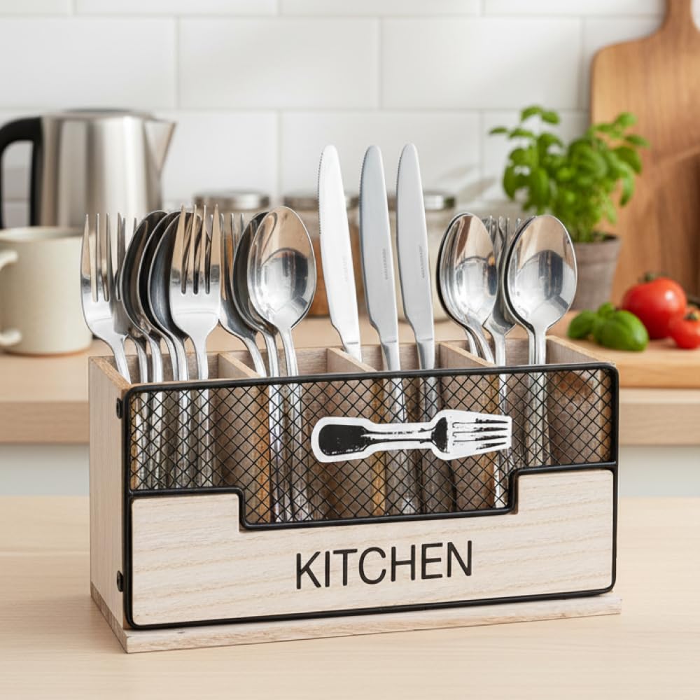 Maison Des Cadeaux Vintage 4 Compartment Wooden Cutlery Holder Utensil Organiser Storage Caddy