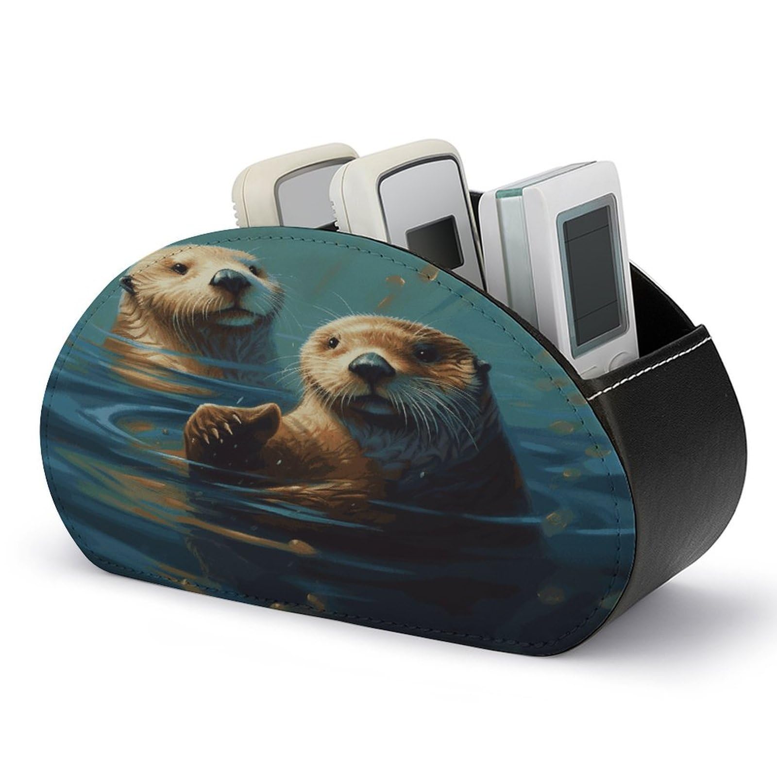 LDGSUPH Sea Otters Painting Remote Control Holder with 5 Compartments PU Leather TV Remote Caddy Storage Box Multi-functional Desk Storage Organizer Box Anti-slip Desktop Caddy