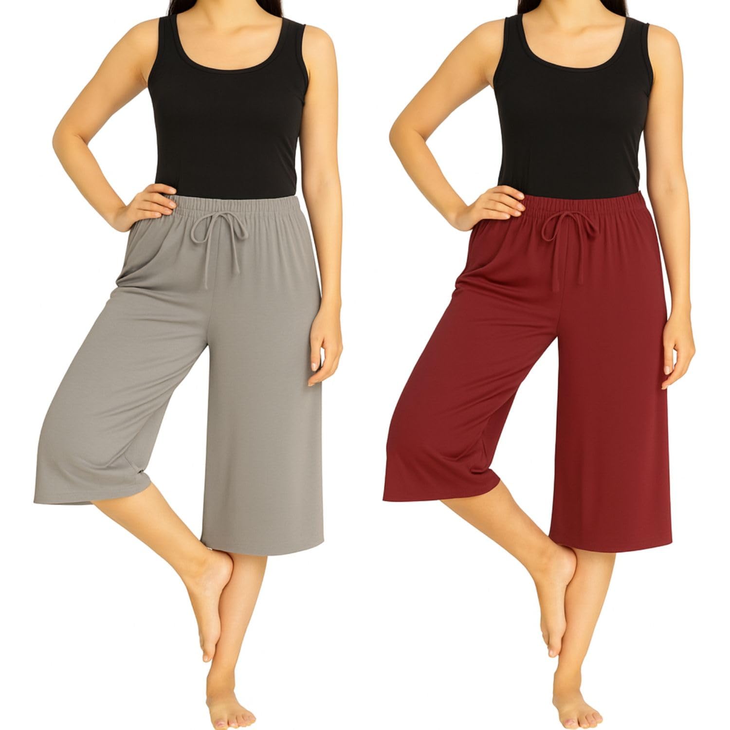 Womens Cotton Plain Loosefit Capri, 3/4th Capri Trousers For Womens Grey, Marrone (Pack Of 2)-image-21
