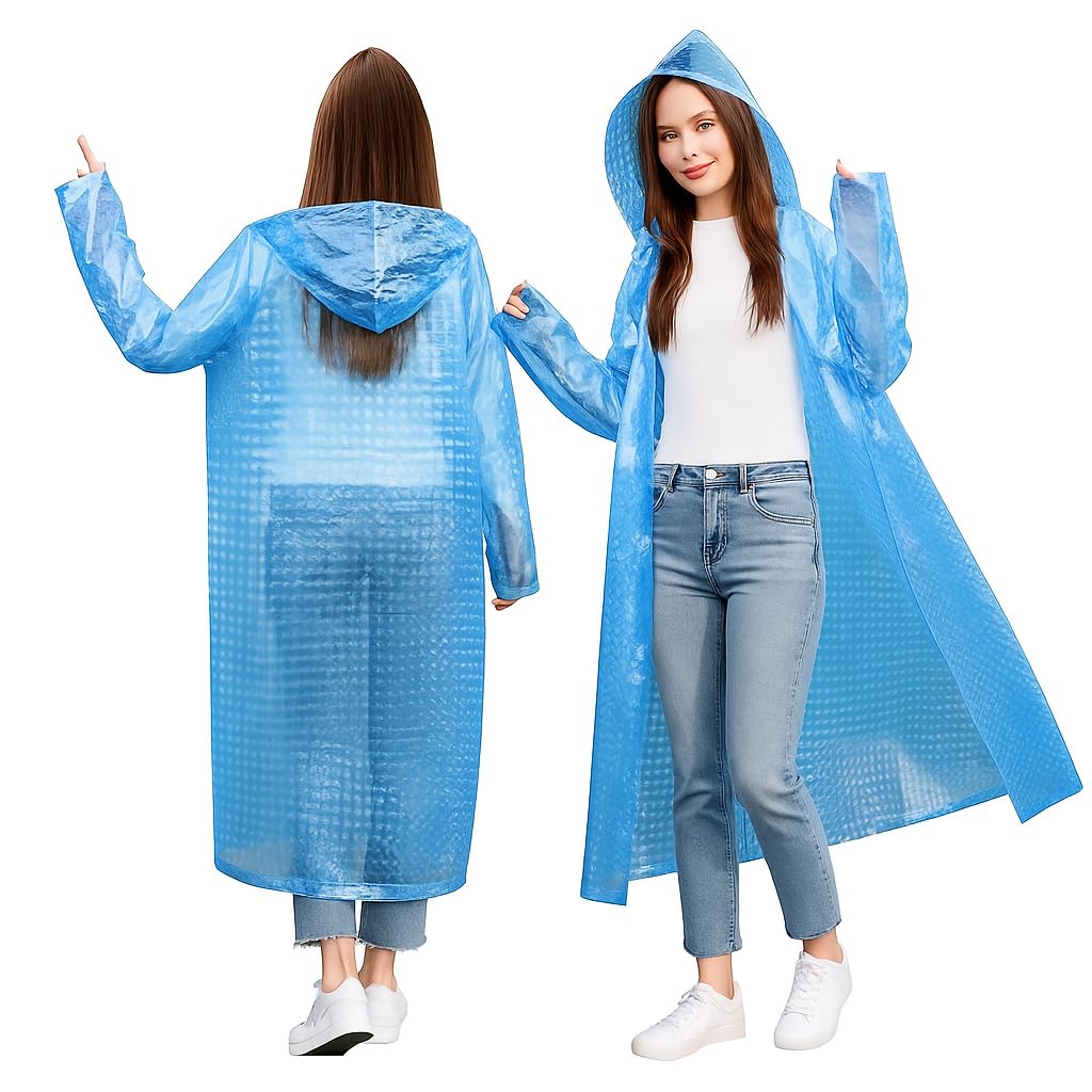 HACER Hooded Raincoat for Women EVA Water Resistant Full Length Long Sleeves Lightweight Rainwear with Hood for Adults Camping Hiking Trekking (Pack of 1, Blue, Free Size)-image-30
