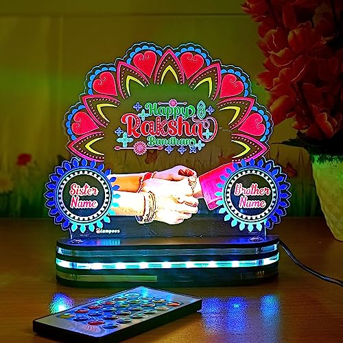 Image of lampees Personalized Raksha Bandhan 3D LED Lamp Brother Sister Name | UV Printed, Multi Colour LED, Remote Controlled, Customisable Names, Acrylic Stand