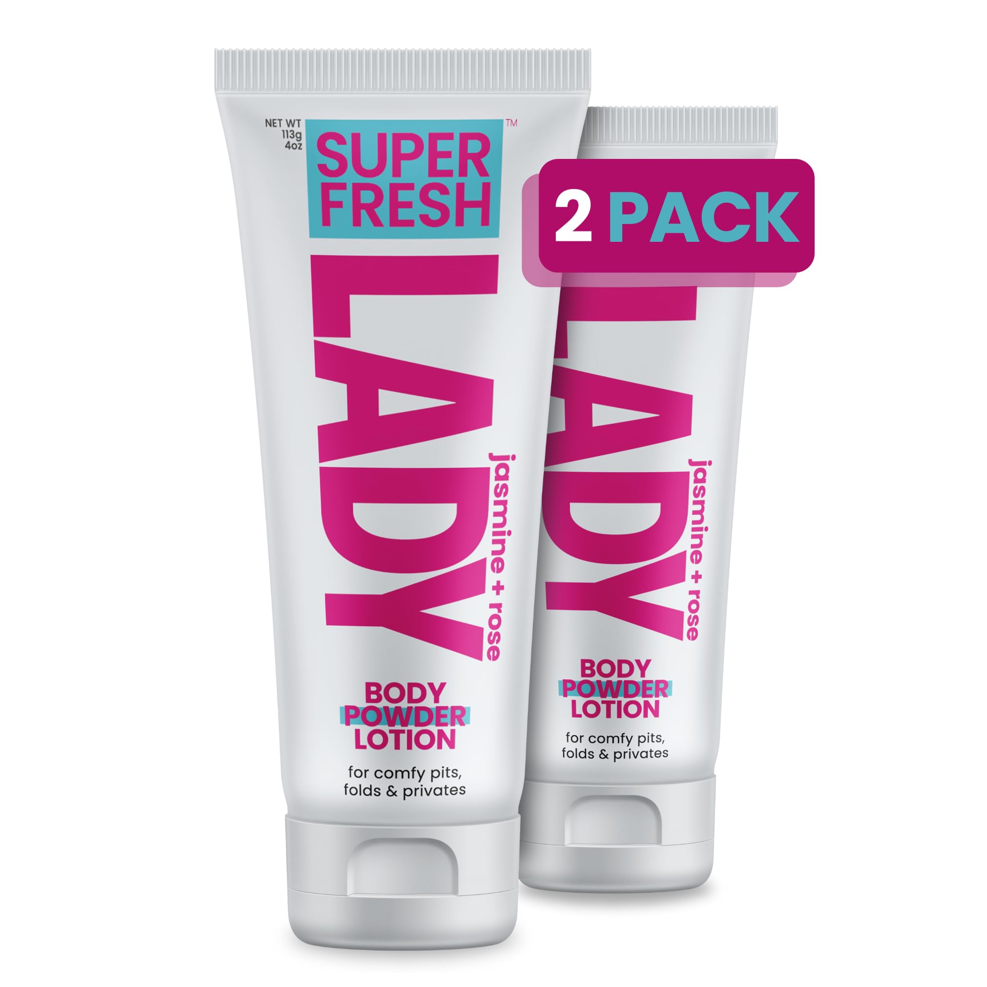 Body Powder Lotion and Deodorant for Women Aluminum Free Powder Cream for Privates Underboob Thighs and Skinfolds Jasmine Rose Scent Feminine Care 2 Pack 4 oz Tubes for Daily Freshness and Comfort