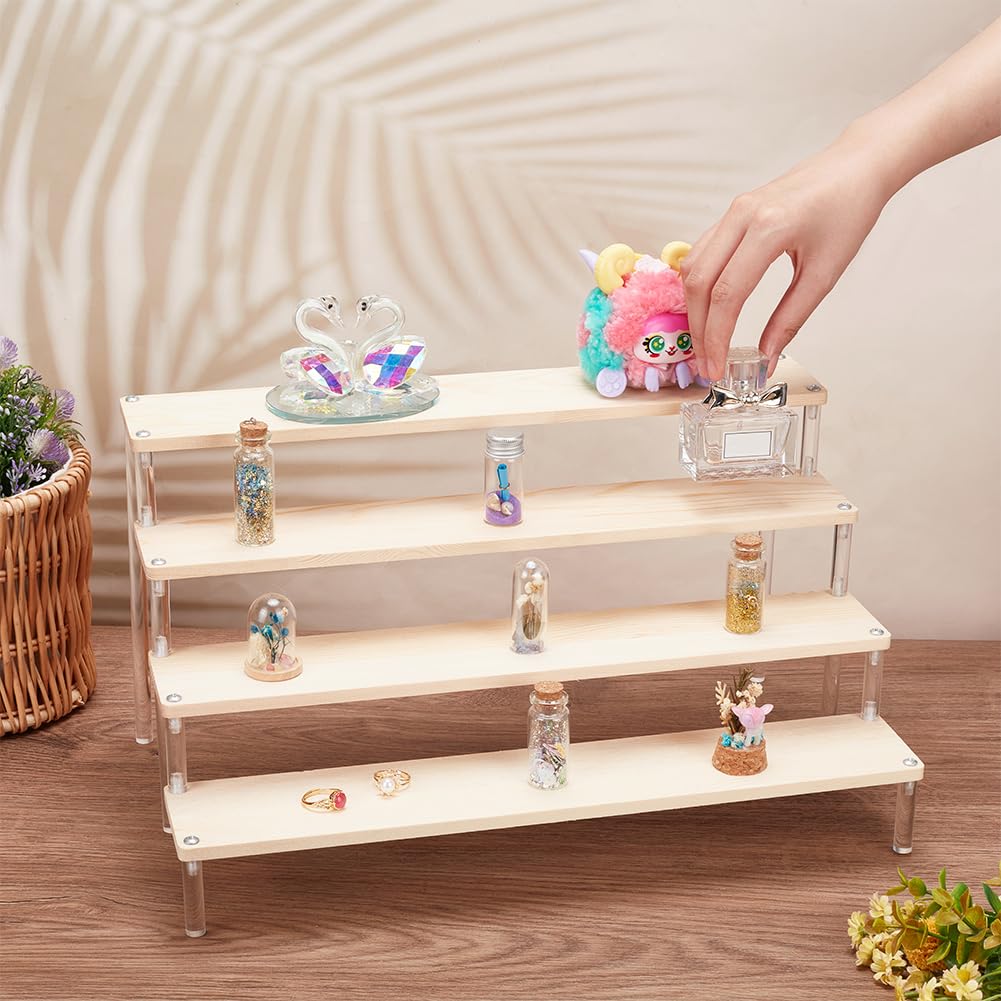 Présentoir en bois à 4 niveaux avec échelle en acrylique pour cupcakes, parfums, figurines d'action nize et mettre en valeur votre collection (48 x 28 x 21 cm)