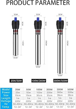 Tigerlily Enterprises 500W Submersible Aquarium Heater – Adjustable Thermostat Stainless Steel Energy-Efficient Fish Tank Heater for 400L – 500L Freshwater & Saltwater Aquariums