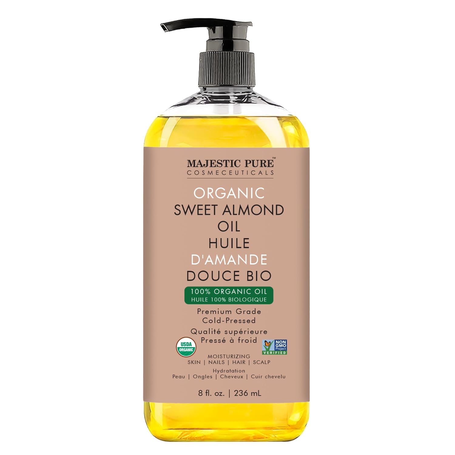 Majestic Pure USDA Organic Sweet Almond Oil, 236 ml (Pack of 1) - Image 2