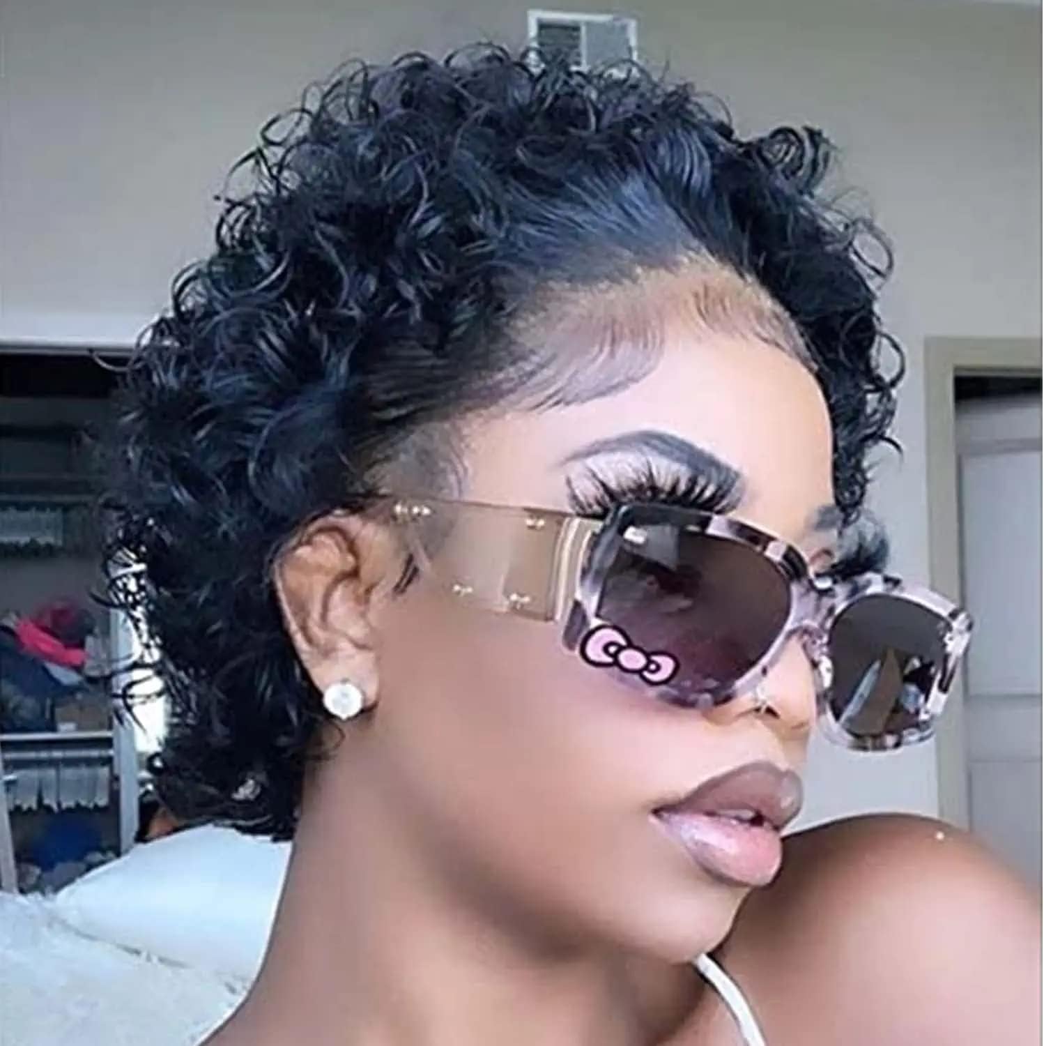 Aligegous Short Curly Lace Wig Pixie Cut Lace Front Human Hair Wigs For Black Women Brazilian Virgin Remy Hair Wigs 150% Density Glueless Pre Plucked Curly Frontal Wig With Hand Tied Hairline (1B)