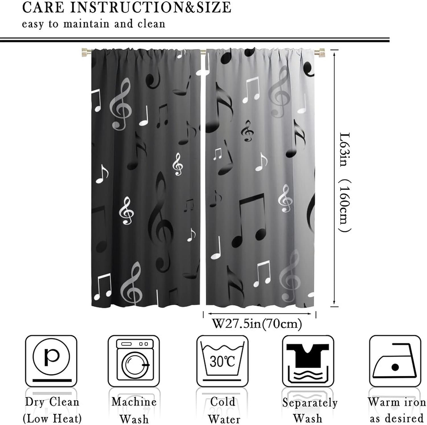 Vintage Musical Notes Theme Blackout Curtains for Bedroom,Rustic Black Grey Symbol Music Design Window Treatments Rod Pocket 2 Panels 63L x 27.5W