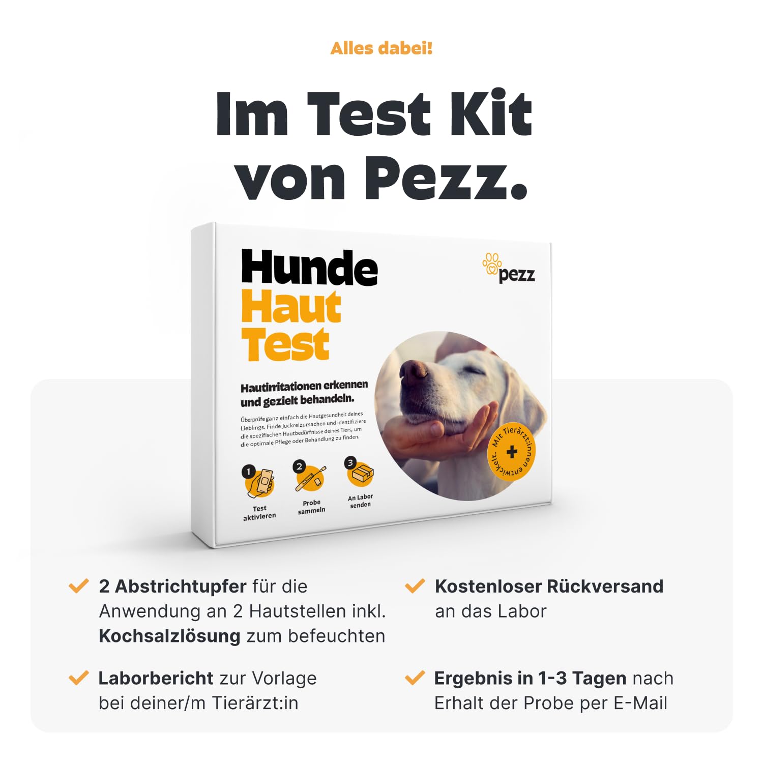 Pezz Haut- und Juckreiz Test für Hunde zum Einsenden von zwei Abstrich-Proben | Teste stressfrei zuhause auf Milben, Bakterien und Hefepilz | Ergebnis als Labor-Befund | gratis Labor-Versand