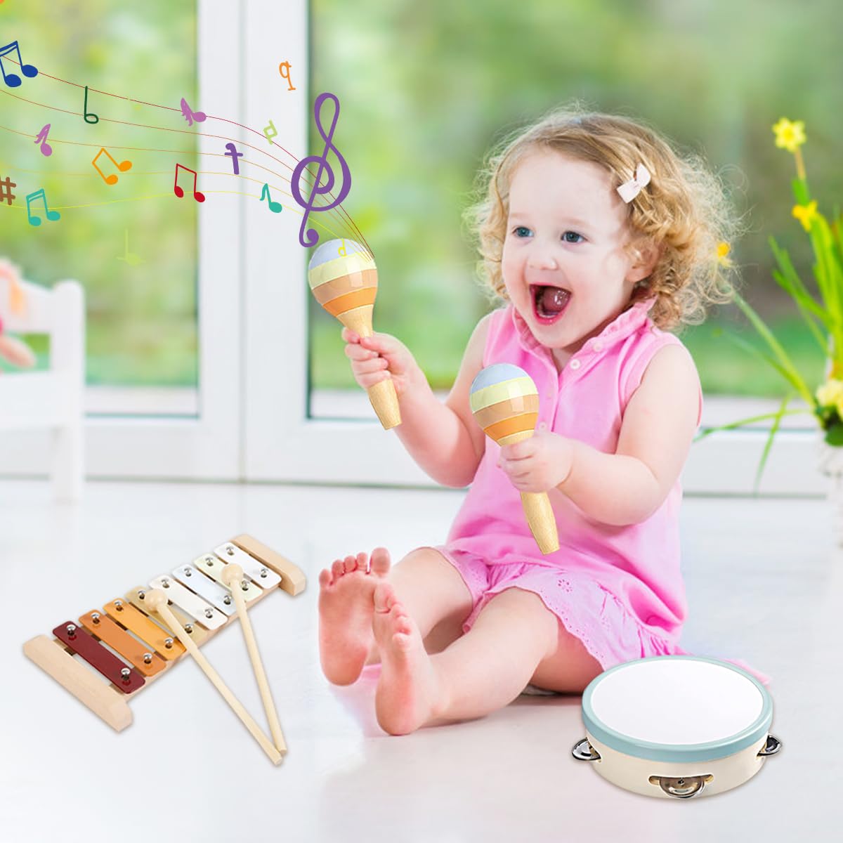 8-in-1 Montessori Musikinstrumente Kinder ab 1 Jahr, Holzspielzeug mit Xylophon, Trommel, Triangel, Maracas, Flöte, Baby Musikspielzeug, Kinderschlagzeug ab 2 3 Jahre, Lernspielzeug für Jungen Mädchen