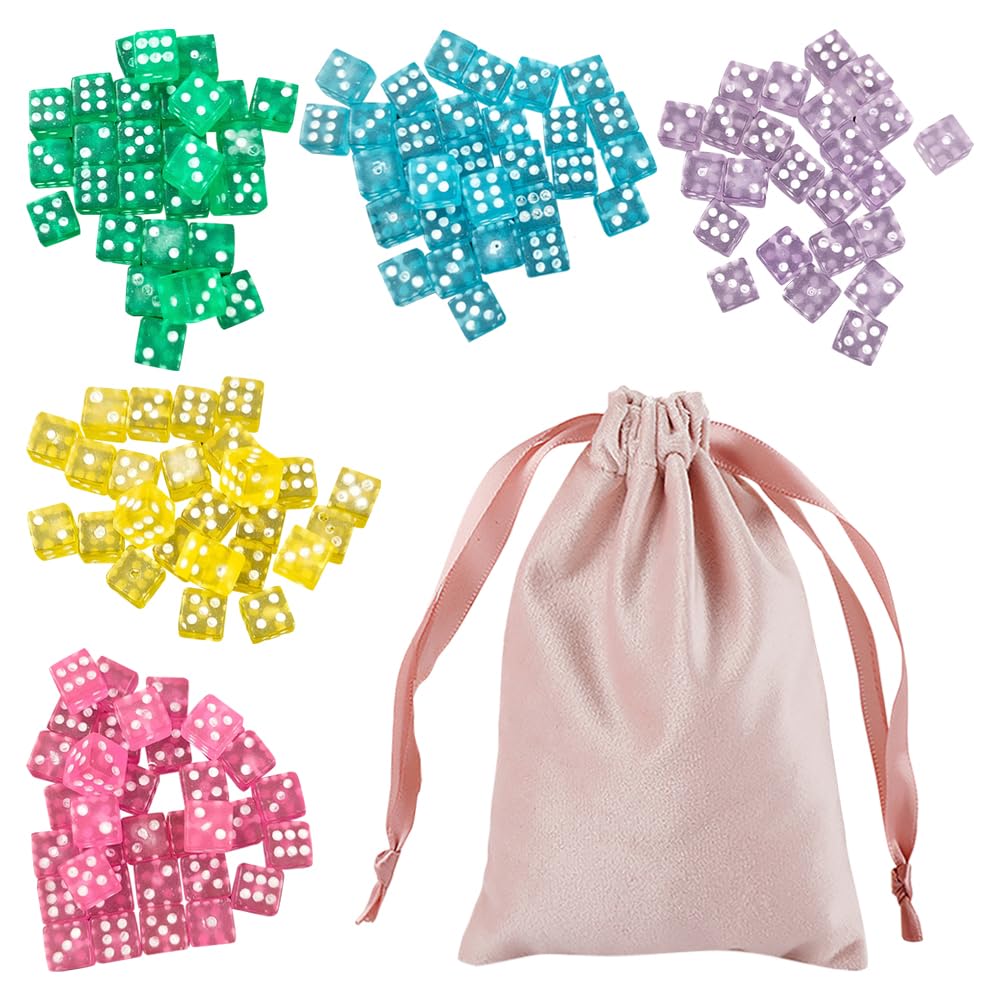 JIHUOO 200 Pcs 5mm Mini Acrylic Dice, Multicolor, Hexahedron, Rainbow Theme, 202 Pieces Including 2 Velvet Bags