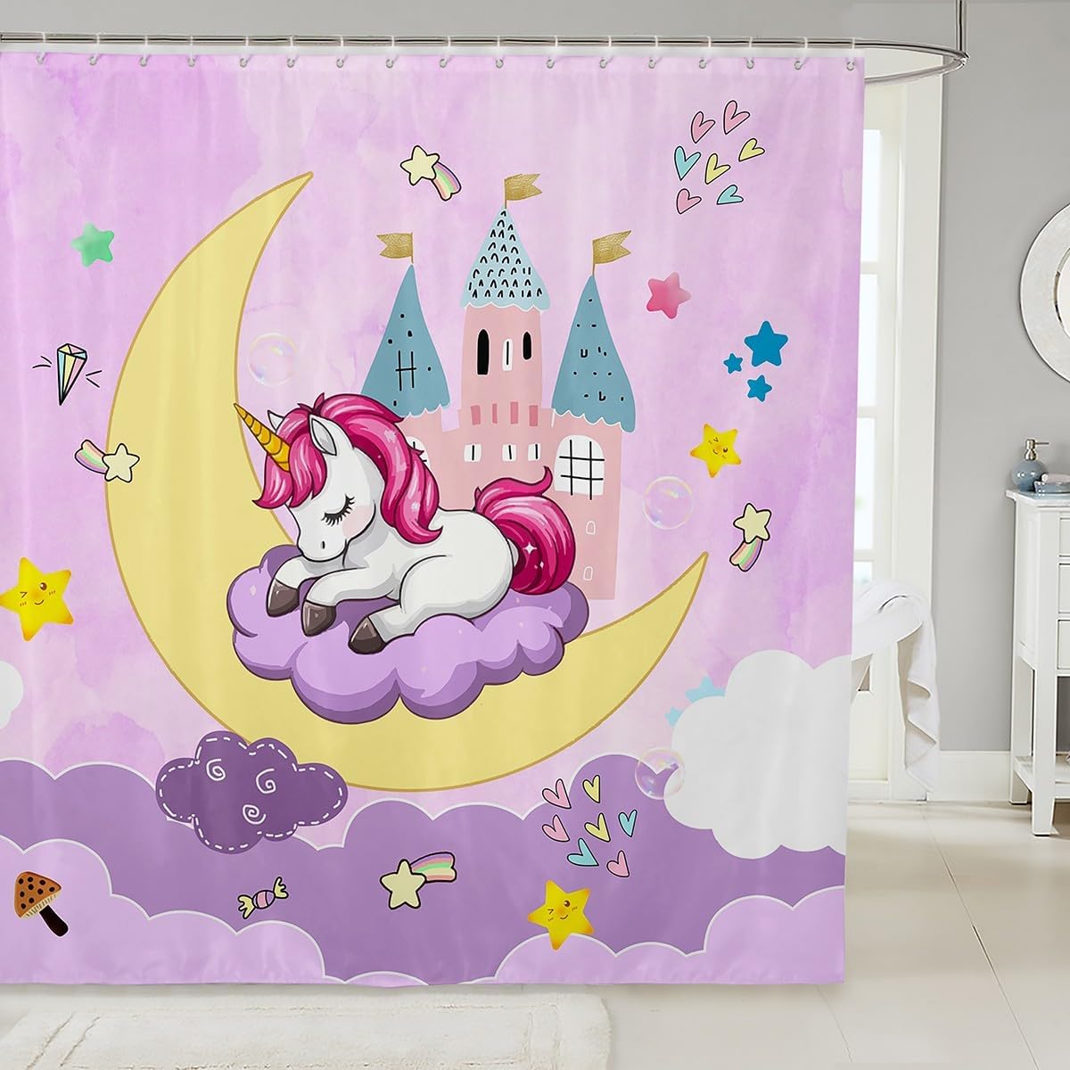 jejeloiu Kids Girls Unicorn Bath Curtain Kids Cute Moon Unicorn Bathroom Waterproof Accessories with 12 Hooks for Princess Girls Fantasy Castle Shower Curtain for Bathroom Decor Soft 72"x84"