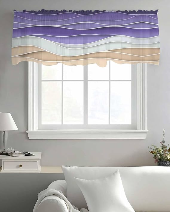 Sheer Valance for Windows Purple Brown Light Filtering Semi-Sheer Rod Pocket Window Valance for Kitchen Living Room Bedroom, 12 Inch Short Voile Drapes with 3.5 Pocket, Ocean Wave Striped Gradient